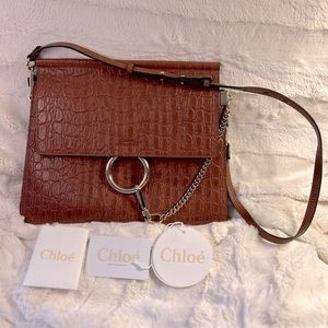 Chloe brown leather bag in alligator print skin. Beautiful cognac colour.